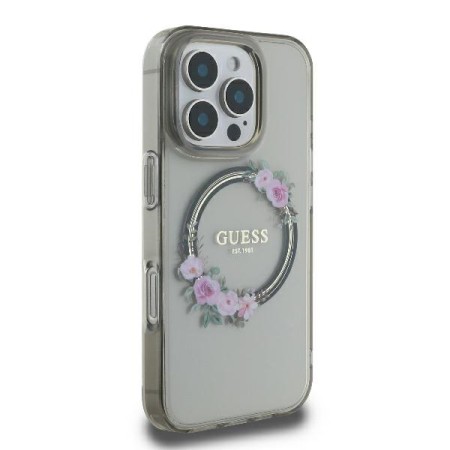 Husa pentru iPhone 16 Pro - Guess IML Flowers Wreath MagSafe (GUHMP16LHFWFCK) - Black