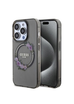 Husa pentru iPhone 15 Pro Max - Guess IML Flowers Wreath MagSafe (GUHMP15XHFWFCK) - Black