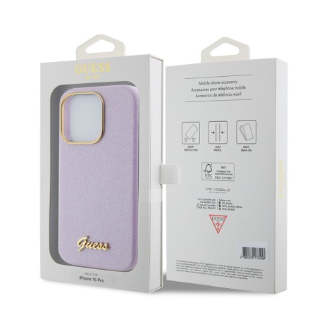 Husa pentru iPhone 15 Pro - Guess Glitter Glossy Script (GUHCP15LPGMCSL) - Light Purple