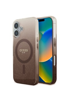 Husa pentru iPhone 16 - Guess IML Glitter Gradient MagSafe (GUHMP16SHGRCELW) - Brown
