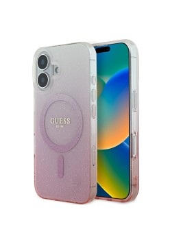 Husa pentru iPhone 16 - Guess IML Glitter Gradient MagSafe (GUHMP16SHGRCELP) - Pink
