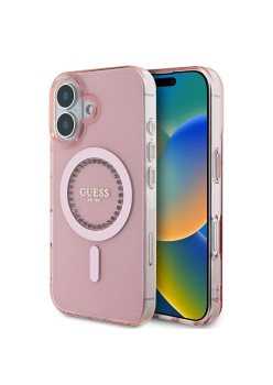 Husa pentru iPhone 16 - Guess IML Rhinestones MagSafe (GUHMP16SPFTDTEP) - Pink