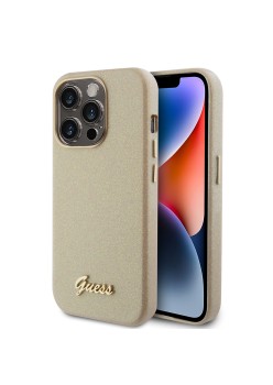 Husa pentru iPhone 15 Pro Max - Guess Glitter Glossy Script (GUHCP15XPGMCSD) - Sparkle Beige