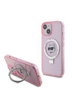 Husa pentru iPhone 15 / iPhone 14 / iPhone 13 - Karl Lagerfeld Hardcase Ring Stand MagSafe (KLHMP15SHMRSCHP) - Pink Choupette Head