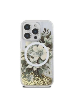 Husa pentru iPhone 16 Pro Max - Guess Liquid Glitter Flower MagSafe (GUHMP16XLFMWTE) - Beige