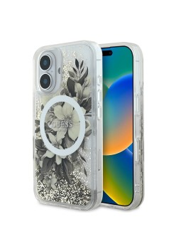 Husa pentru iPhone 16 - Guess Liquid Glitter Flower MagSafe (GUHMP16SLFMWTE) - Beige