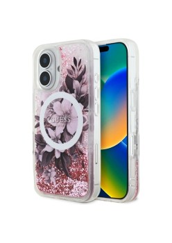 Husa pentru iPhone 16 - Guess Liquid Glitter Flower MagSafe (GUHMP16SLFMWTP) - Pink
