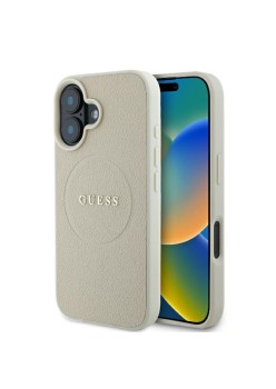 Husa pentru iPhone 16 - Guess Grained Gold Ring MagSafe (GUHMP16SPGHSMME) - Beige
