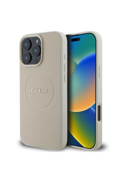 Husa pentru iPhone 16 Pro - Guess Grained Gold Ring MagSafe (GUHMP16LPGHSMME) - Beige
