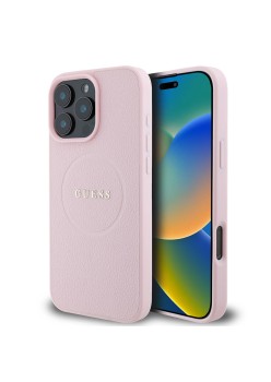 Husa pentru iPhone 16 Pro - Guess Grained Gold Ring MagSafe (GUHMP16LPGHSMMP) - Pink