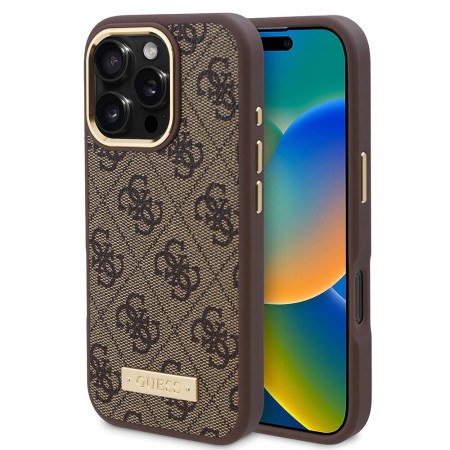 Husa pentru iPhone 16 Pro Max - Guess Hardcase 4G Logo Plate MagSafe (GUHMP16XU4GPRW) - Brown