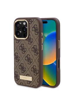 Husa pentru iPhone 16 Pro - Guess Hardcase 4G Logo Plate MagSafe (GUHMP16LU4GPRW) - Brown