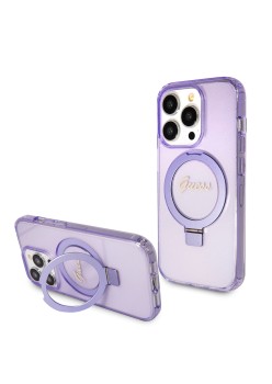 Husa pentru iPhone 15 Pro Max - Guess Ring Stand Script Glitter MagSafe (GUHMP15XHRSGSU) - Purple