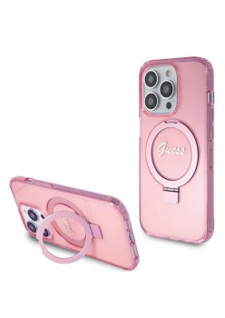 Husa pentru iPhone 15 Pro Max - Guess Ring Stand Script Glitter MagSafe (GUHMP15XHRSGSP) - Pink
