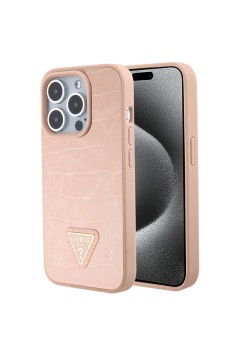 Husa pentru iPhone 15 Pro Max - Croco Triangle Metal Logo (GUHCP15XPCRTHCP) - Pink