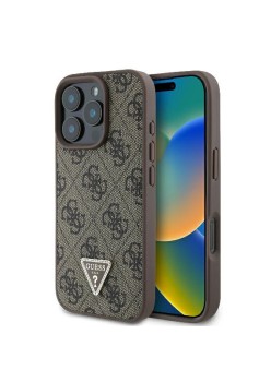 Husa pentru iPhone 16 Pro - Guess Leather 4G Triangle Strass (GUHCP16LP4TDPW) - Brown