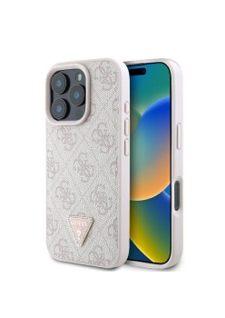 Husa pentru iPhone 16 Pro - Guess Leather 4G Triangle Strass (GUHCP16LP4TDPP) - Pink
