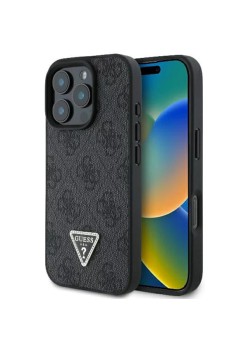 Husa pentru iPhone 16 Pro - Guess Leather 4G Triangle Strass (GUHCP16LP4TDPK) - Black