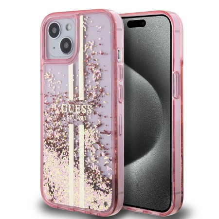Husa pentru iPhone 15 / iPhone 14 / iPhone 13 - Guess Liquid Glitter Gold Stripes (GUHCP15SLFCSEGP) - Pink