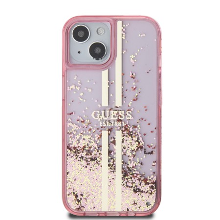 Husa pentru iPhone 15 / iPhone 14 / iPhone 13 - Guess Liquid Glitter Gold Stripes (GUHCP15SLFCSEGP) - Pink
