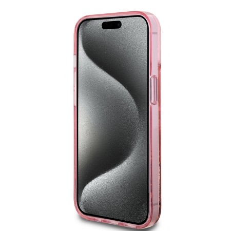 Husa pentru iPhone 15 / iPhone 14 / iPhone 13 - Guess Liquid Glitter Gold Stripes (GUHCP15SLFCSEGP) - Pink