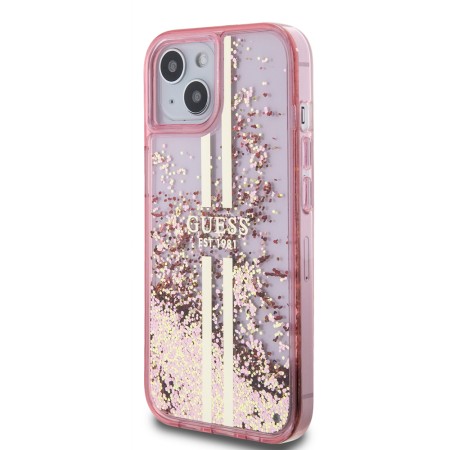 Husa pentru iPhone 15 / iPhone 14 / iPhone 13 - Guess Liquid Glitter Gold Stripes (GUHCP15SLFCSEGP) - Pink