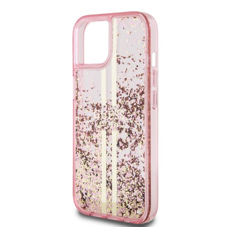 Husa pentru iPhone 15 / iPhone 14 / iPhone 13 - Guess Liquid Glitter Gold Stripes (GUHCP15SLFCSEGP) - Pink