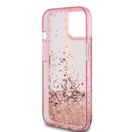 Husa pentru iPhone 15 / iPhone 14 / iPhone 13 - Guess Liquid Glitter Gold Stripes (GUHCP15SLFCSEGP) - Pink