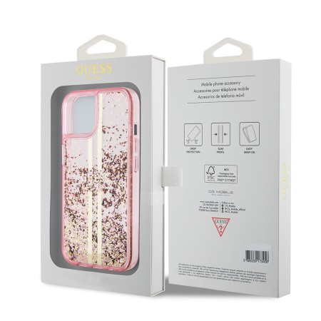 Husa pentru iPhone 15 / iPhone 14 / iPhone 13 - Guess Liquid Glitter Gold Stripes (GUHCP15SLFCSEGP) - Pink