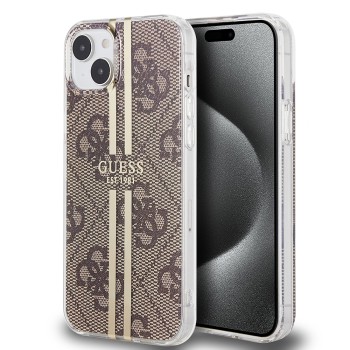 Husa pentru iPhone 15 Plus / iPhone 14 Plus - Guess Hardcase IML 4G Gold Stripe (GUHCP15MH4PSEGW) - Brown