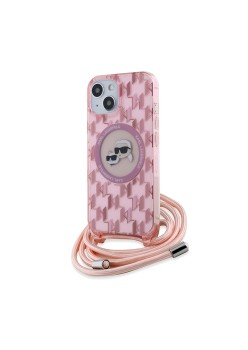 Husa pentru iPhone 15 / iPhone 14 / iPhone 13 - Karl Lagerfeld IML Crossbody MagSafe (KLHMP15SHCKCKLCP) - Pink Mono KarlandChoupette Head