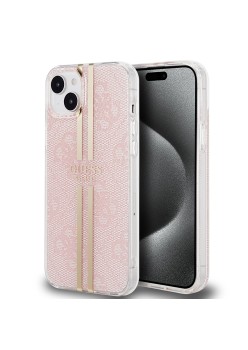 Husa pentru iPhone 15 Plus / iPhone 14 Plus - Guess Hardcase IML 4G Gold Stripe (GUHCP15MH4PSEGP) - Pink