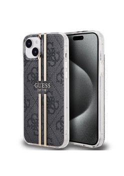 Husa pentru iPhone 15 Plus / iPhone 14 Plus - Guess Hardcase IML 4G Gold Stripe (GUHCP15MH4PSEGK) - Black