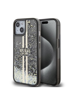 Husa pentru iPhone 15 / iPhone 14 / iPhone 13 - Guess Liquid Glitter Gold Stripes (GUHCP15SLFCSEGK) - Black