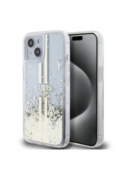 Husa pentru iPhone 15 Plus / iPhone 14 Plus - Guess Liquid Glitter Gold Stripes (GUHCP15MLFCSEGT) - Transparent
