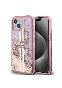Husa pentru iPhone 15 Plus / iPhone 14 Plus - Guess Liquid Glitter Gold Stripes (GUHCP15MLFCSEGP) - Pink