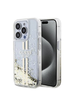Husa pentru iPhone 15 Pro Max - Guess Liquid Glitter Gold Stripes (GUHCP15XLFCSEGT) - Transparent
