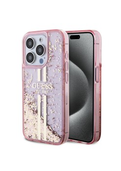 Husa pentru iPhone 15 Pro Max - Guess Liquid Glitter Gold Stripes (GUHCP15XLFCSEGP) - Pink