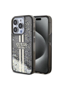 Husa pentru iPhone 15 Pro Max - Guess Liquid Glitter Gold Stripes (GUHCP15XLFCSEGK) - Black