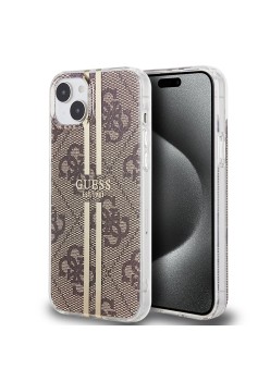 Husa pentru iPhone 15 / iPhone 14 / iPhone 13 - Guess Hardcase IML 4G Gold Stripe (GUHCP15SH4PSEGW) - Brown
