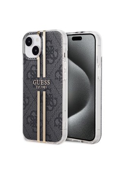 Husa pentru iPhone 15 / iPhone 14 / iPhone 13 - Guess Hardcase IML 4G Gold Stripe (GUHCP15SH4PSEGK) - Black