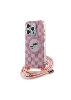 Husa pentru iPhone 15 Pro - Karl Lagerfeld IML Crossbody MagSafe (KLHMP15LHCKCKLCP) - Pink Monogram KarlandChoupette Head