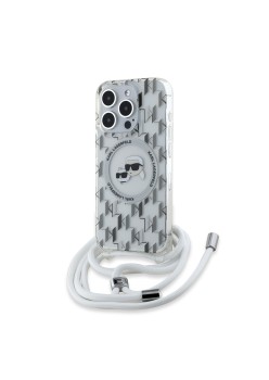 Husa pentru iPhone 15 Pro - Karl Lagerfeld IML Crossbody MagSafe (KLHMP15LHCKCKLCT) - Transparent Monogram KarlandChoupette Head