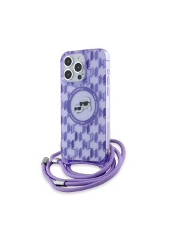Husa pentru iPhone 15 Pro - Karl Lagerfeld IML Crossbody MagSafe (KLHMP15LHCKCKLCU) - Purple Monogram KarlandChoupette Head