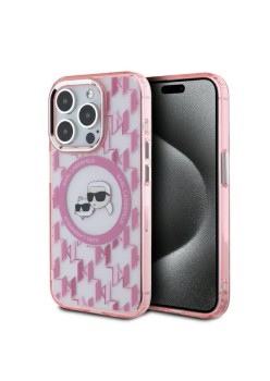 Husa pentru iPhone 15 Pro - Karl Lagerfeld IML MagSafe (KLHMP15LHMCKMHP) - Pink Monogram KarlandChoupette Head