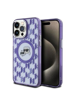 Husa pentru iPhone 15 Pro - Karl Lagerfeld IML MagSafe (KLHMP15LHMCKMHU) - Purple Monogram KarlandChoupette Head