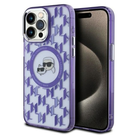 Husa pentru iPhone 15 Pro - Karl Lagerfeld IML MagSafe (KLHMP15LHMCKMHU) - Purple Monogram KarlandChoupette Head
