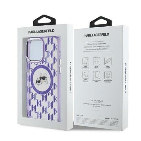 Husa pentru iPhone 15 Pro - Karl Lagerfeld IML MagSafe (KLHMP15LHMCKMHU) - Purple Monogram KarlandChoupette Head