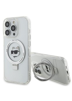 Husa pentru iPhone 15 Pro - Karl Lagerfeld Hardcase Ring Stand MagSafe (KLHMP15LHMRSCHH) - White Choupette Head