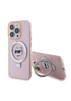 Husa pentru iPhone 15 Pro - Karl Lagerfeld Hardcase Ring Stand MagSafe (KLHMP15LHMRSCHP) - Pink Choupette Head